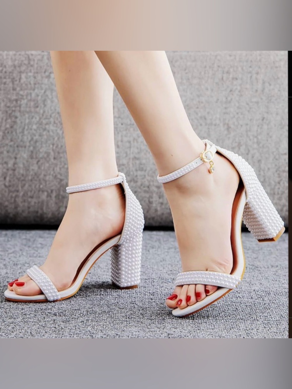 Pearl-Embellished White Ankle-Strap Block Heels 3.6 inches | Size 10